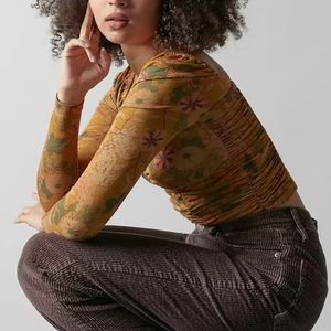 NEW Urban Outfitters Dark Gold Floral Juliana Crepe Cutout Long Sleeve Crop XS